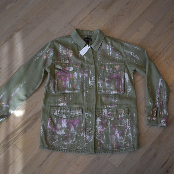 NWT Topshop Ethan Metallic Foil Paint Military Style Button Up Jacket - Picture 2 of 8